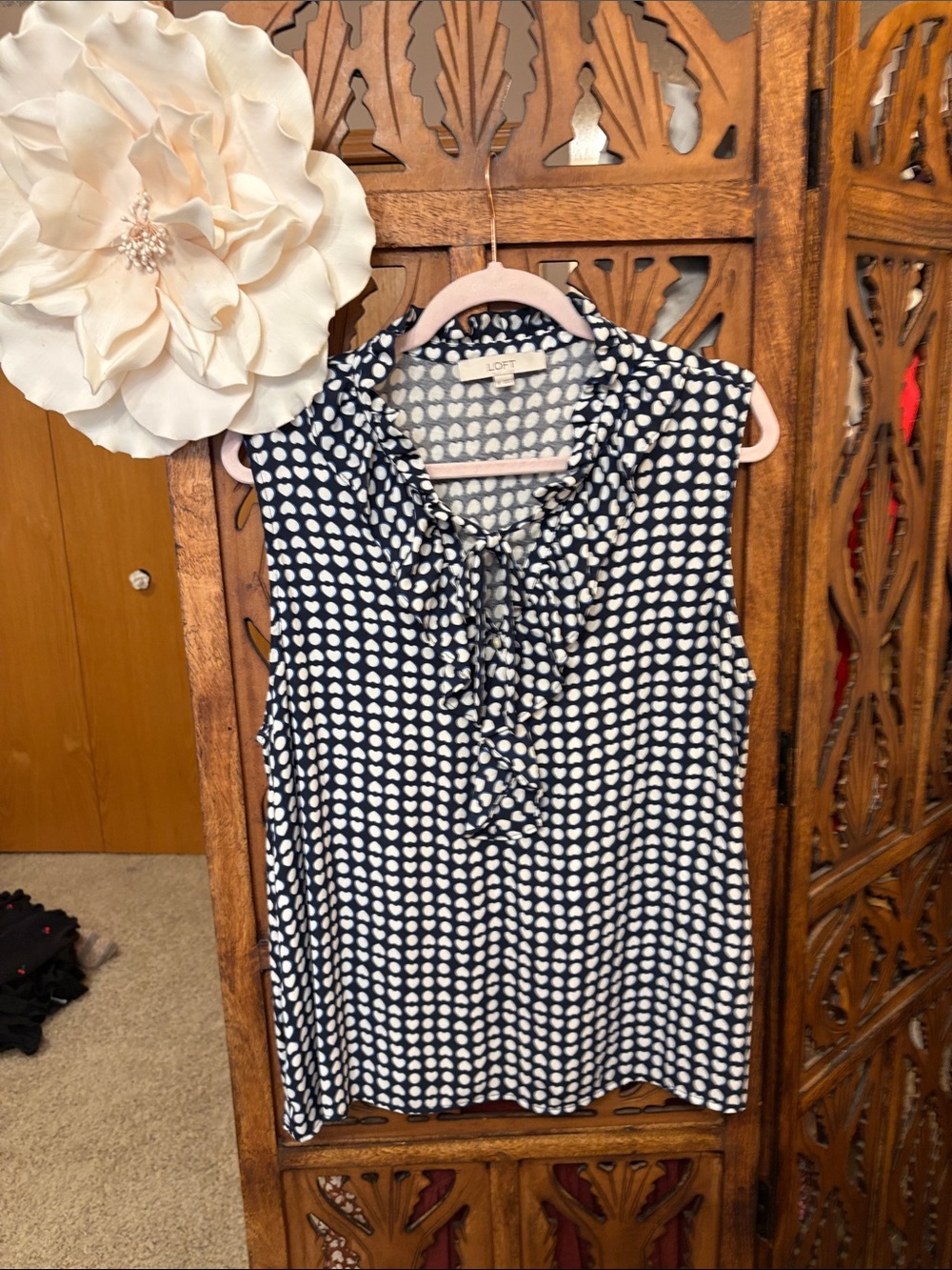 LOFT Navy and White Polka Heart Ruffle Front Sleeveless Blouse